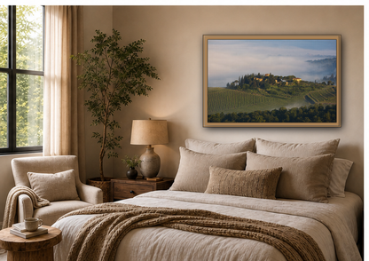 Tuscan Landscape Wall Art, Foggy Sunrise Tuscany Print, Framed Canvas Italy Vineyard Decor