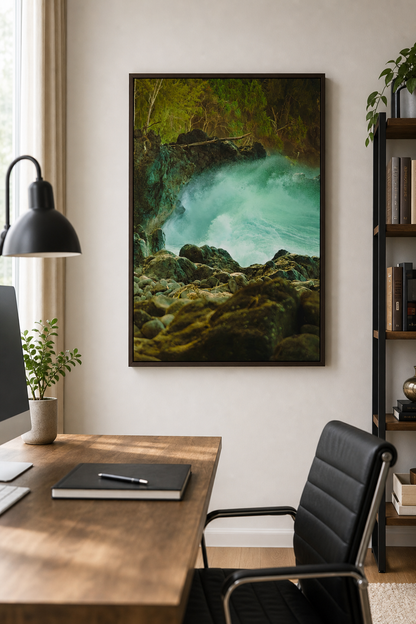 Hawaii Ocean Wall Art, Big Island Surf Photo, Lava Rock Coastal Print, Espresso Framed Canvas Decor