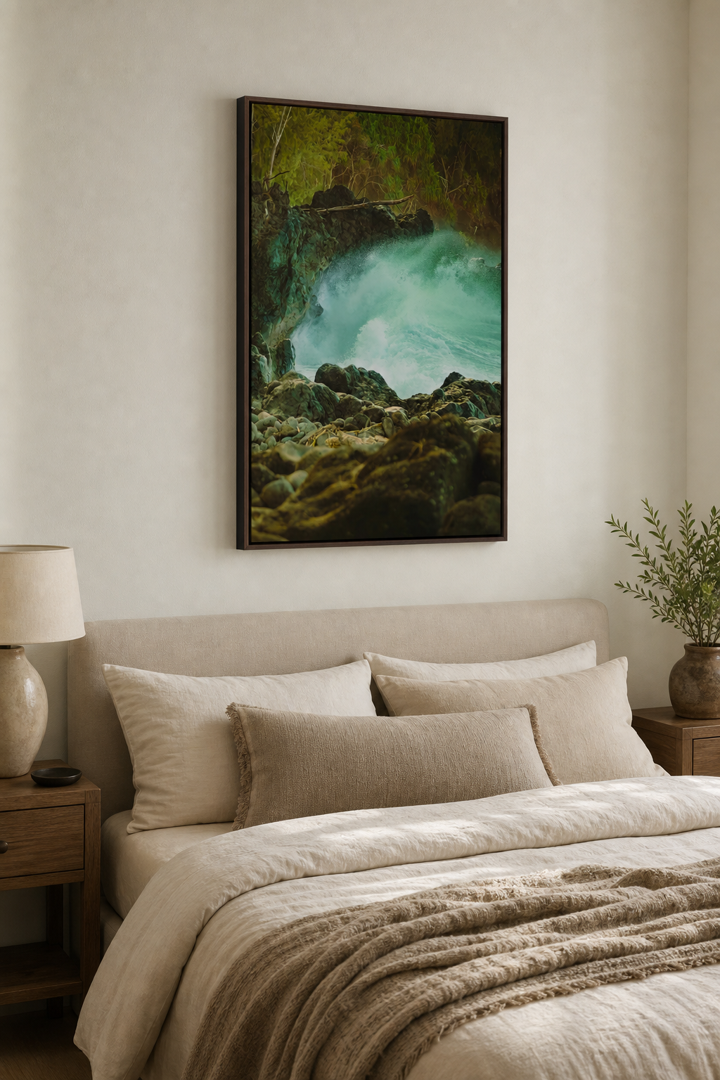 Hawaii Ocean Wall Art, Big Island Surf Photo, Lava Rock Coastal Print, Espresso Framed Canvas Decor
