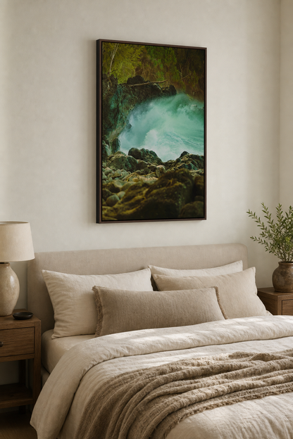 Hawaii Ocean Wall Art, Big Island Surf Photo, Lava Rock Coastal Print, Espresso Framed Canvas Decor