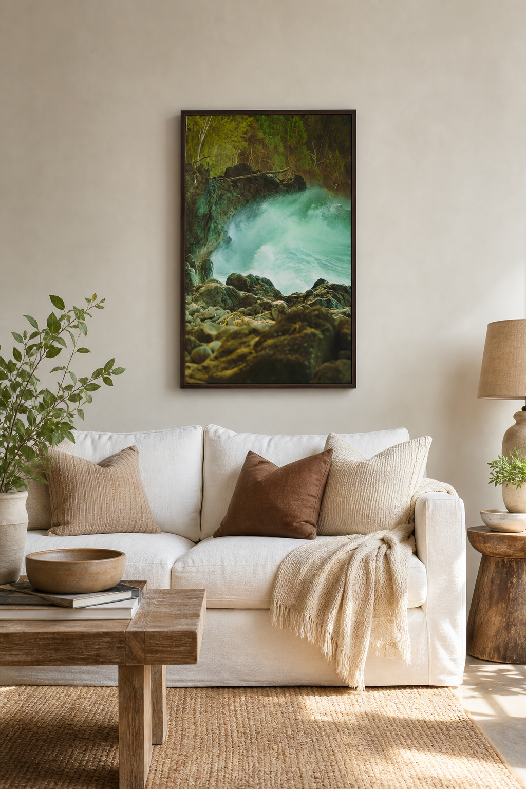 Hawaii Ocean Wall Art, Big Island Surf Photo, Lava Rock Coastal Print, Espresso Framed Canvas Decor