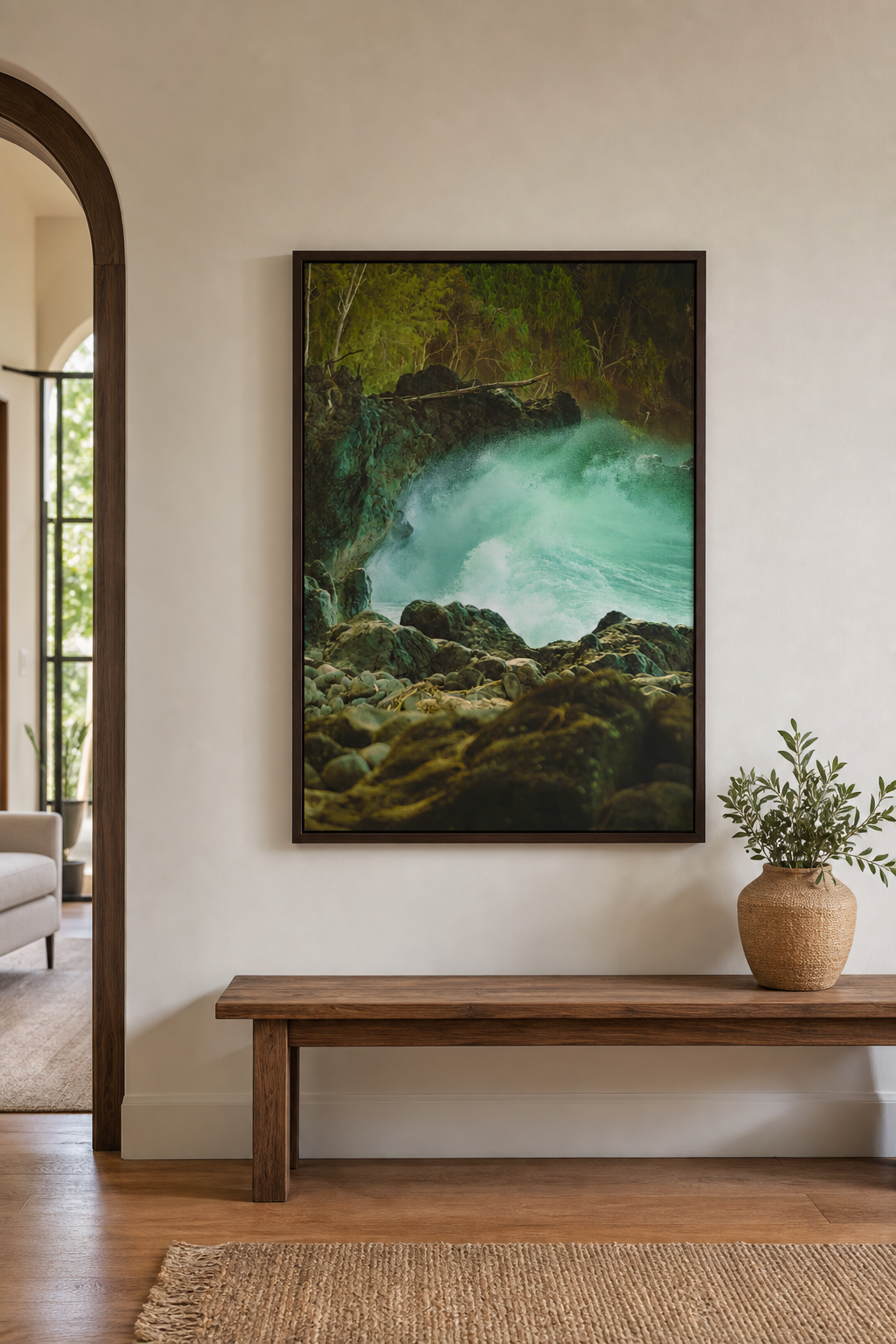 Hawaii Ocean Wall Art, Big Island Surf Photo, Lava Rock Coastal Print, Espresso Framed Canvas Decor