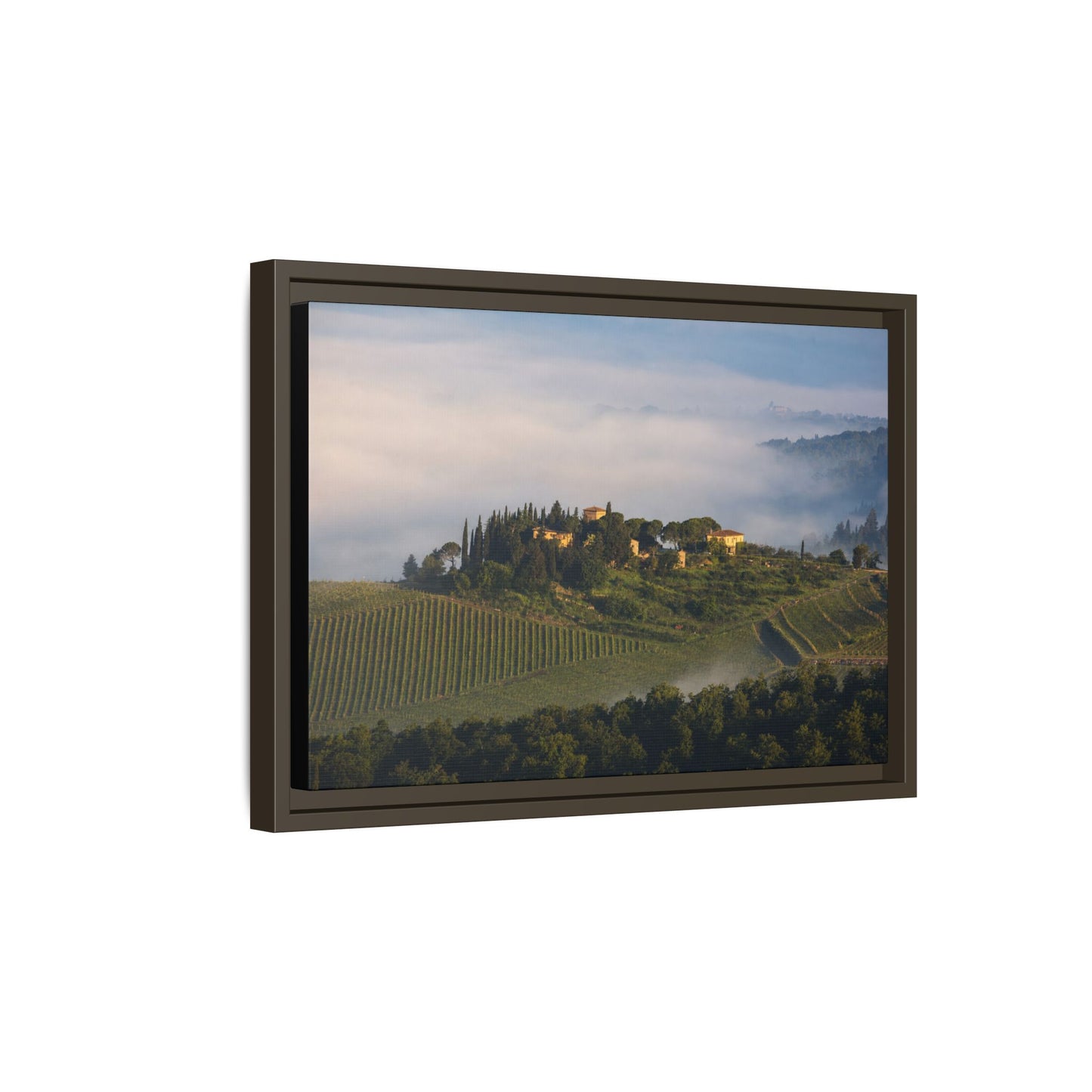 Tuscan Landscape Wall Art, Foggy Sunrise Tuscany Print, Framed Canvas Italy Vineyard Decor