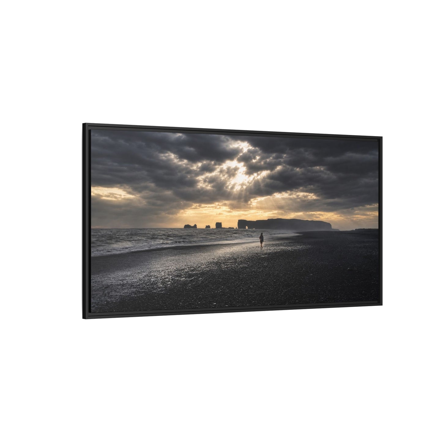 Stormy Iceland Black Sand Beach Wall Art, Panoramic Framed Canvas Print, Moody Nordic Coastal Decor
