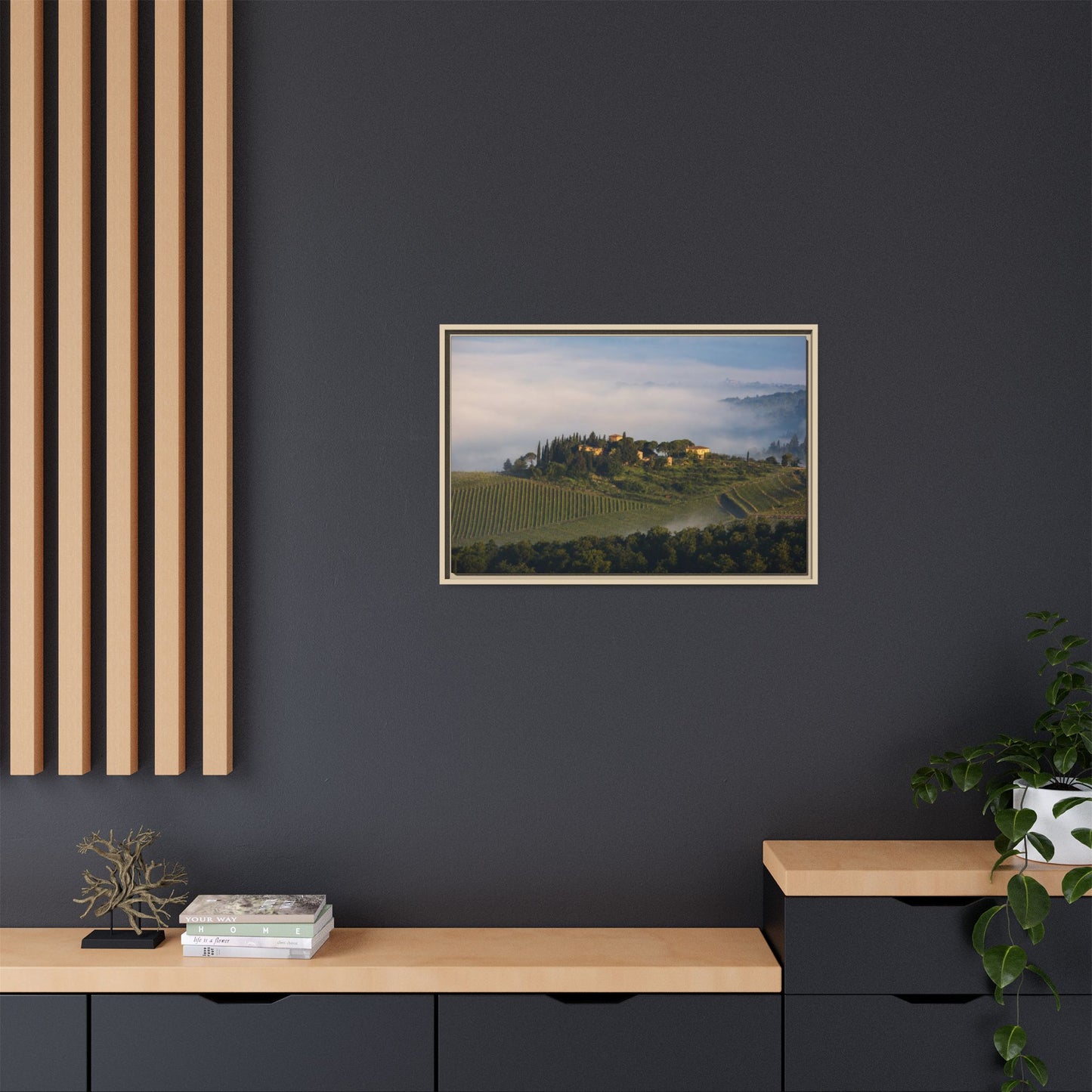 Tuscan Landscape Wall Art, Foggy Sunrise Tuscany Print, Framed Canvas Italy Vineyard Decor