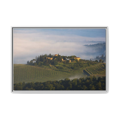 Tuscan Landscape Wall Art, Foggy Sunrise Tuscany Print, Framed Canvas Italy Vineyard Decor