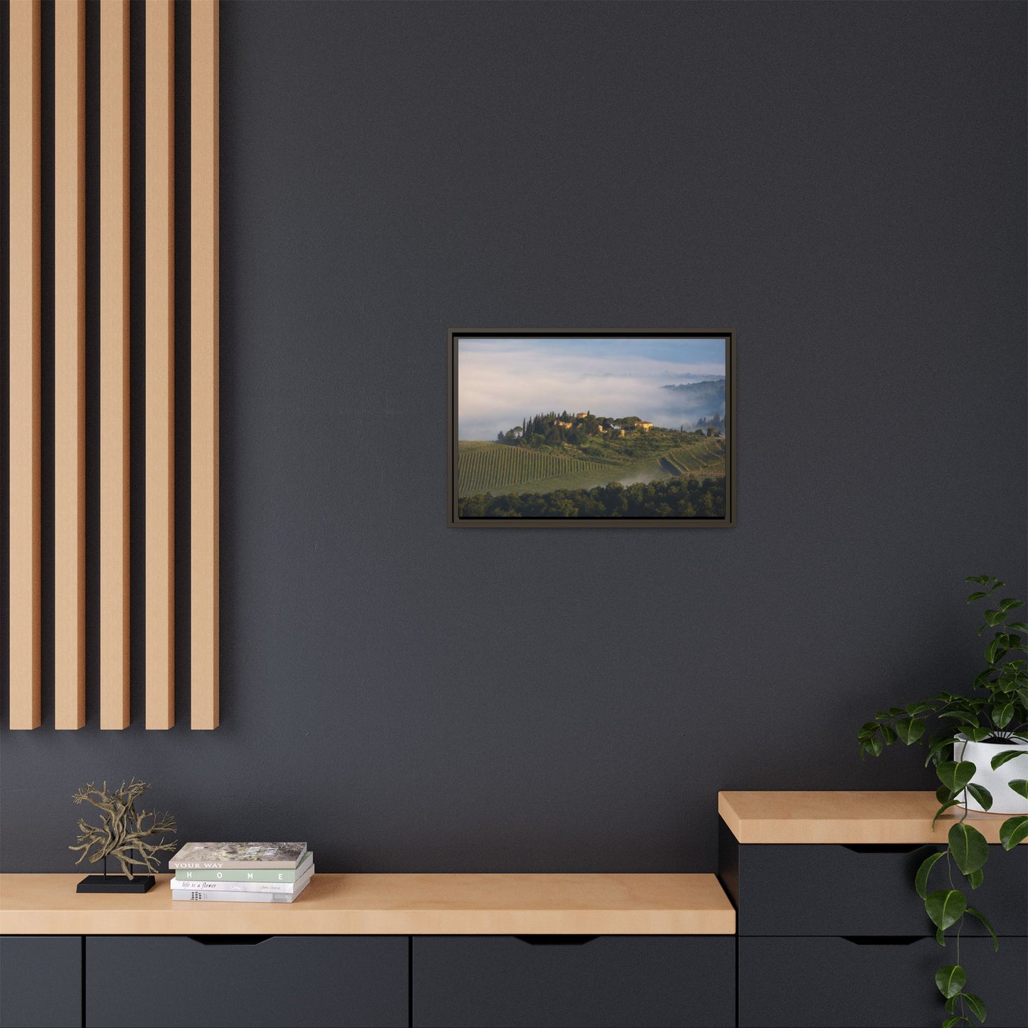 Tuscan Landscape Wall Art, Foggy Sunrise Tuscany Print, Framed Canvas Italy Vineyard Decor