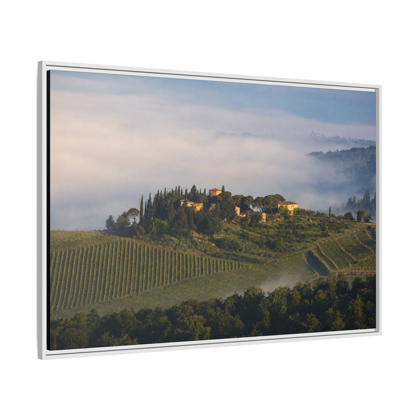 Tuscan Landscape Wall Art, Foggy Sunrise Tuscany Print, Framed Canvas Italy Vineyard Decor