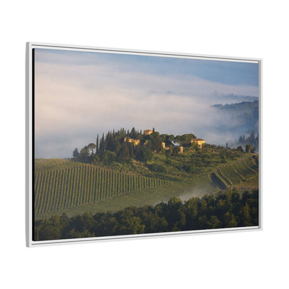 Tuscan Landscape Wall Art, Foggy Sunrise Tuscany Print, Framed Canvas Italy Vineyard Decor