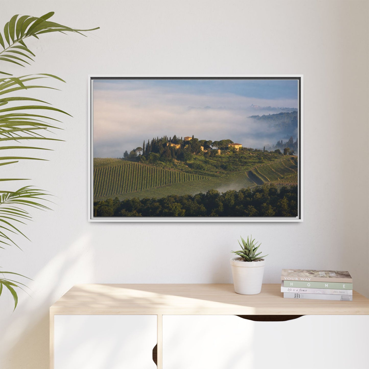 Tuscan Landscape Wall Art, Foggy Sunrise Tuscany Print, Framed Canvas Italy Vineyard Decor