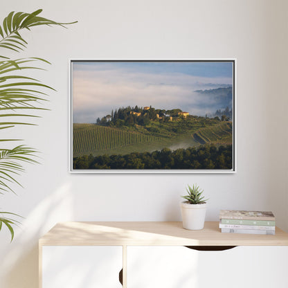 Tuscan Landscape Wall Art, Foggy Sunrise Tuscany Print, Framed Canvas Italy Vineyard Decor