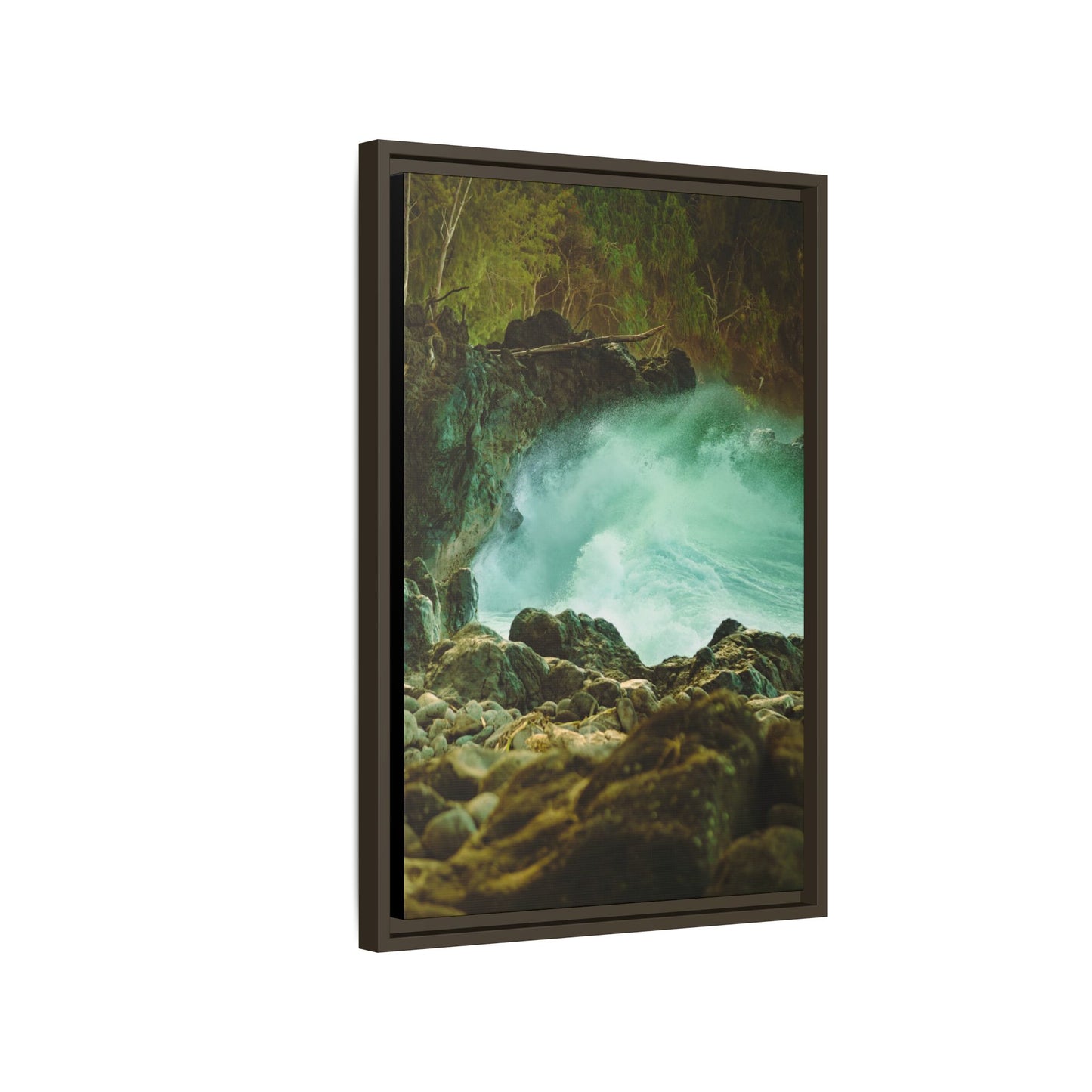 Hawaii Ocean Wall Art, Big Island Surf Photo, Lava Rock Coastal Print, Espresso Framed Canvas Decor