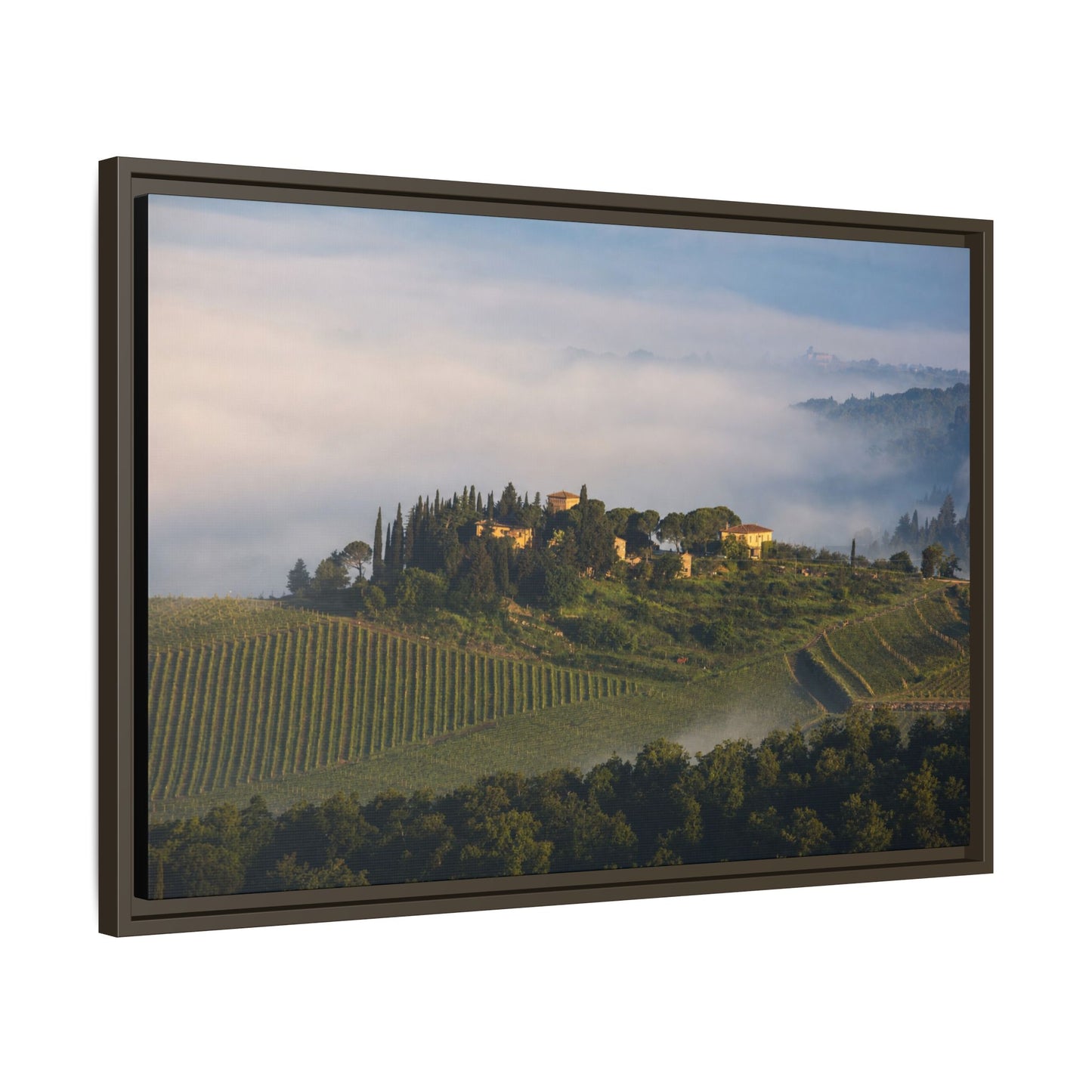 Tuscan Landscape Wall Art, Foggy Sunrise Tuscany Print, Framed Canvas Italy Vineyard Decor