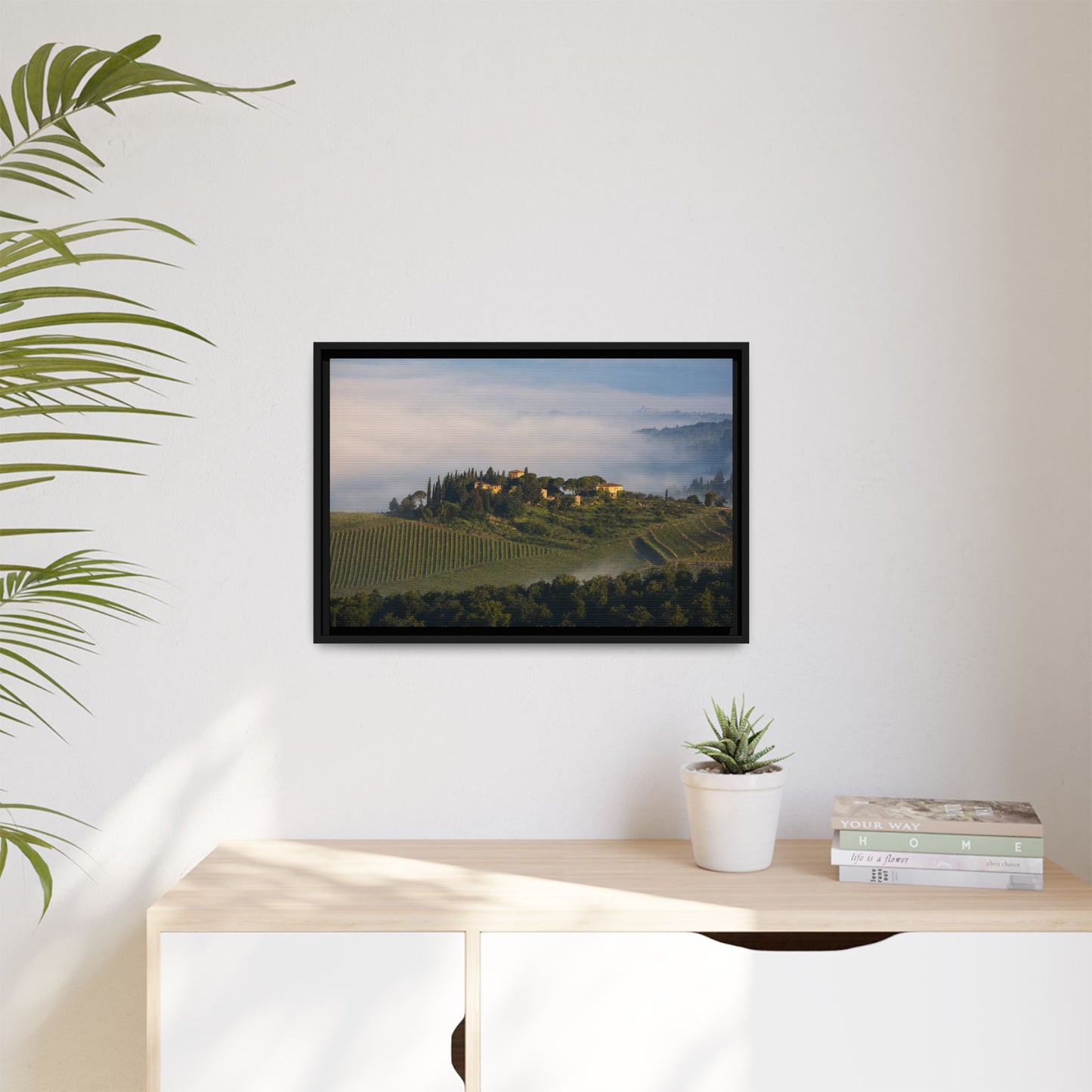 Tuscan Landscape Wall Art, Foggy Sunrise Tuscany Print, Framed Canvas Italy Vineyard Decor