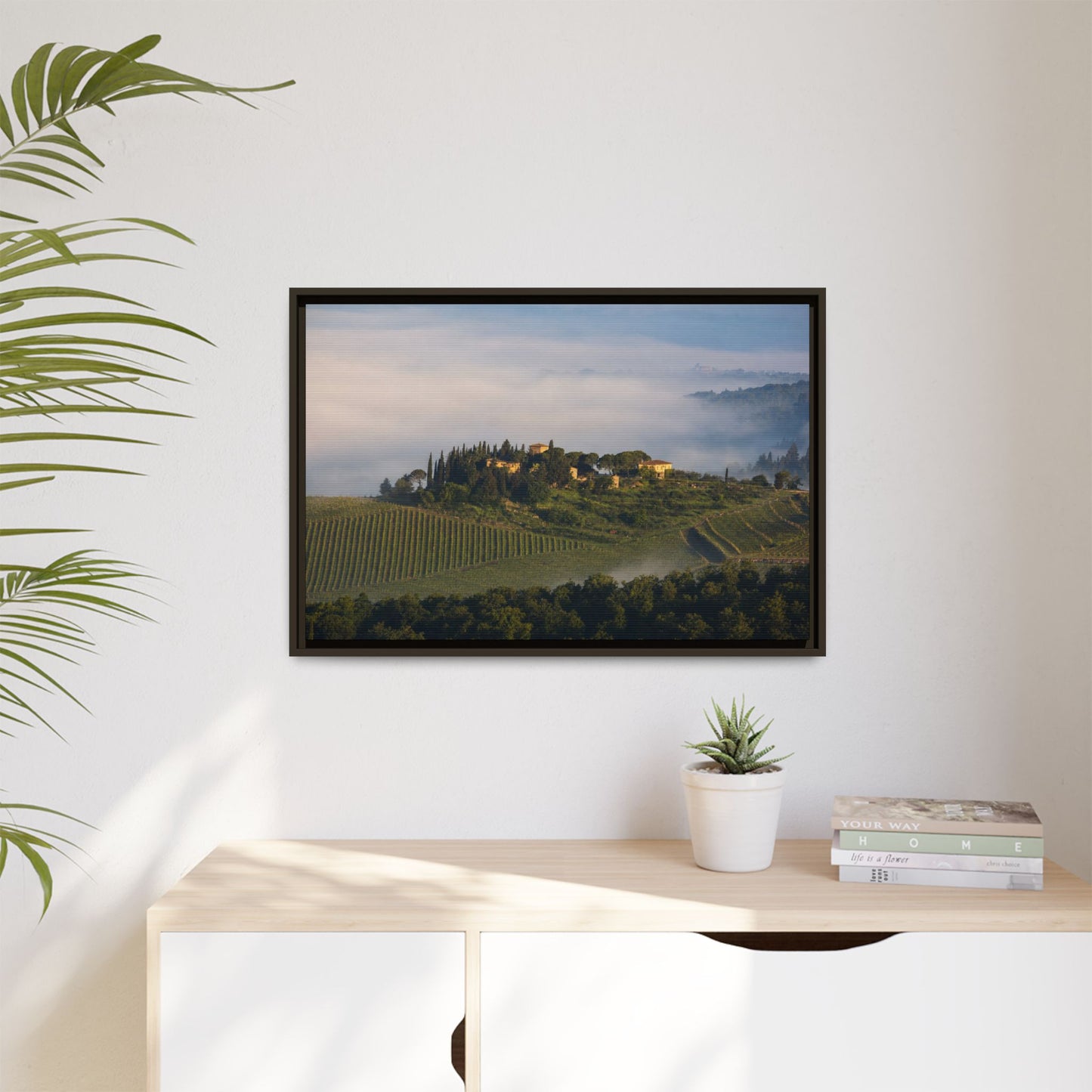 Tuscan Landscape Wall Art, Foggy Sunrise Tuscany Print, Framed Canvas Italy Vineyard Decor