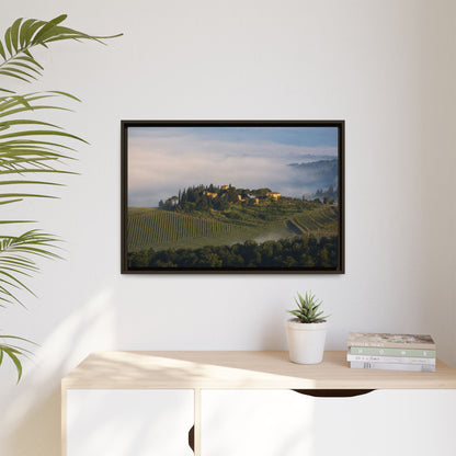 Tuscan Landscape Wall Art, Foggy Sunrise Tuscany Print, Framed Canvas Italy Vineyard Decor