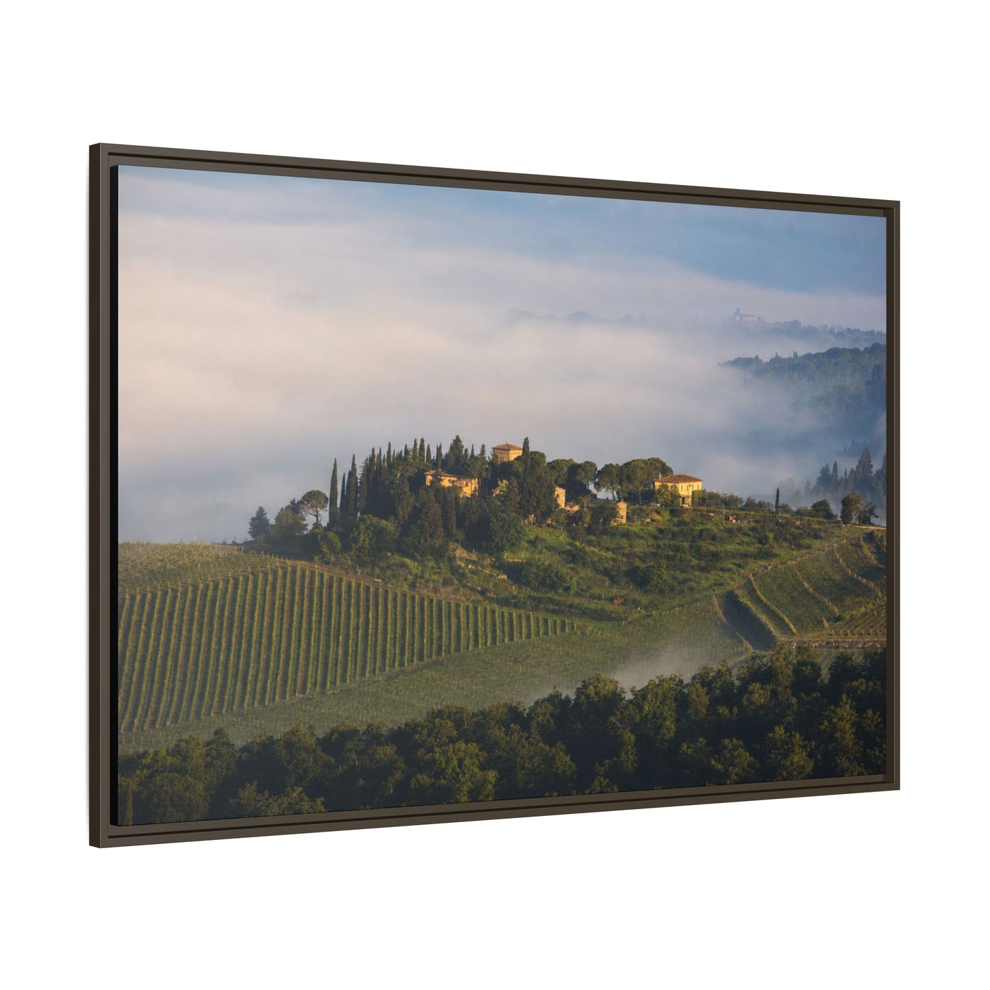 Tuscan Landscape Wall Art, Foggy Sunrise Tuscany Print, Framed Canvas Italy Vineyard Decor