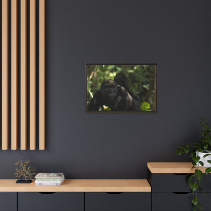 Gorilla Mother and Baby Wall Art, Gabon Wildlife Photo, African Forest Espresso Framed Canvas Print
