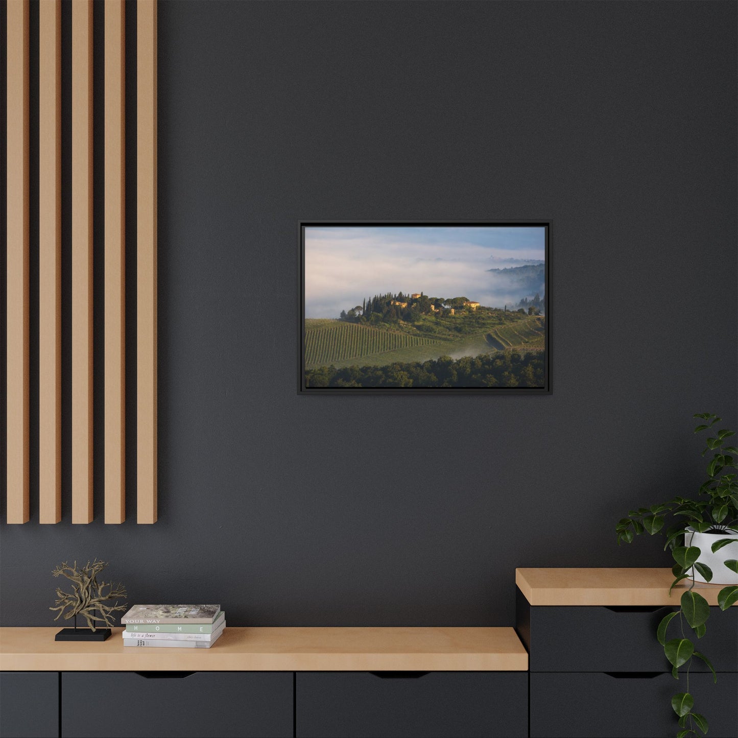 Tuscan Landscape Wall Art, Foggy Sunrise Tuscany Print, Framed Canvas Italy Vineyard Decor