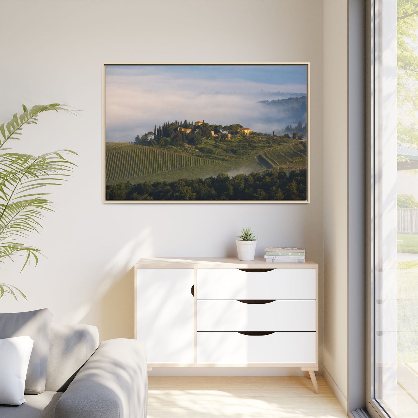 Tuscan Landscape Wall Art, Foggy Sunrise Tuscany Print, Framed Canvas Italy Vineyard Decor
