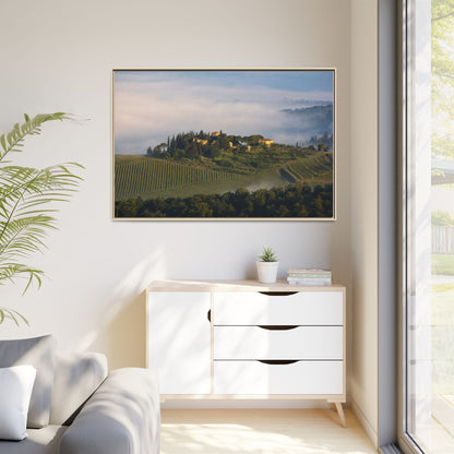 Tuscan Landscape Wall Art, Foggy Sunrise Tuscany Print, Framed Canvas Italy Vineyard Decor