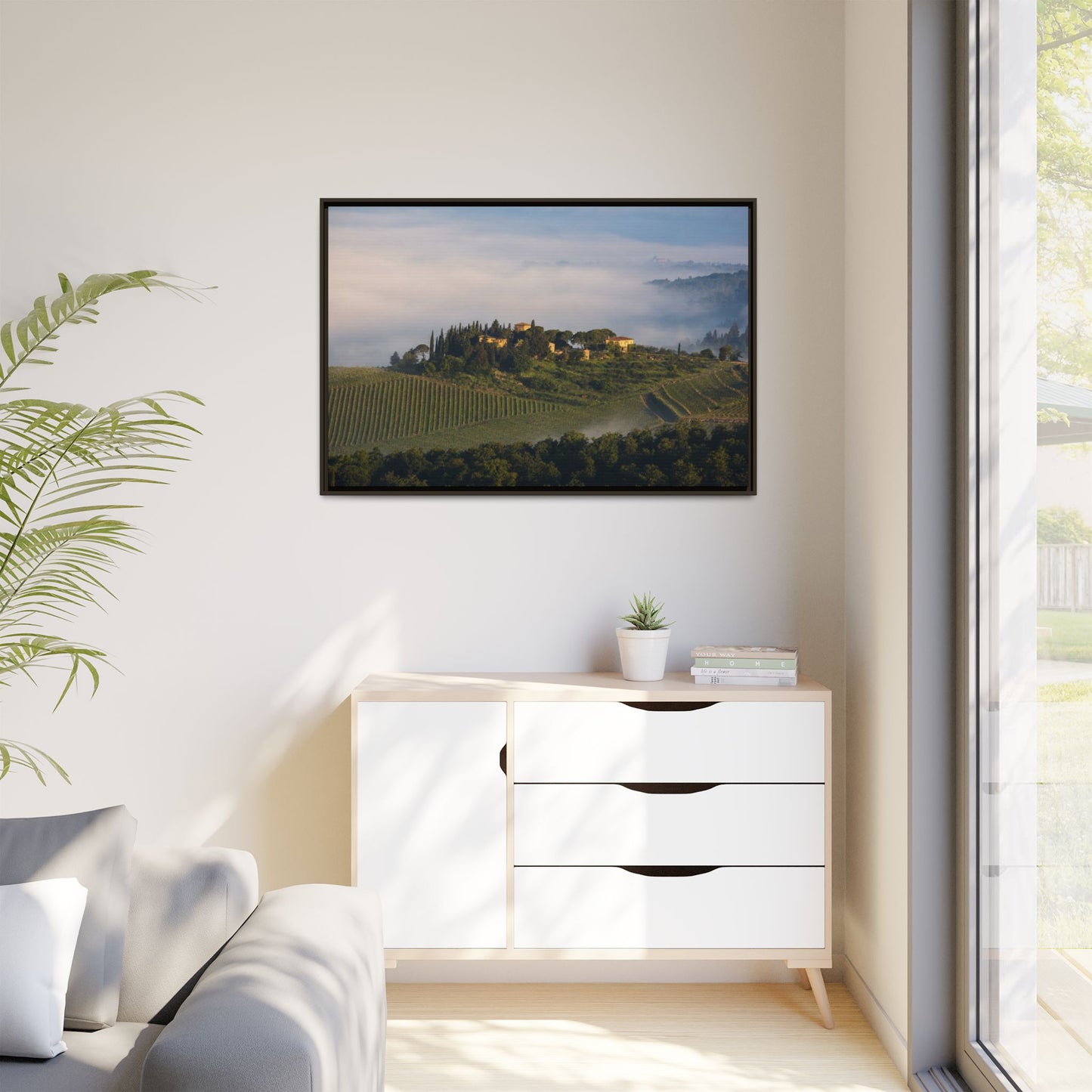 Tuscan Landscape Wall Art, Foggy Sunrise Tuscany Print, Framed Canvas Italy Vineyard Decor