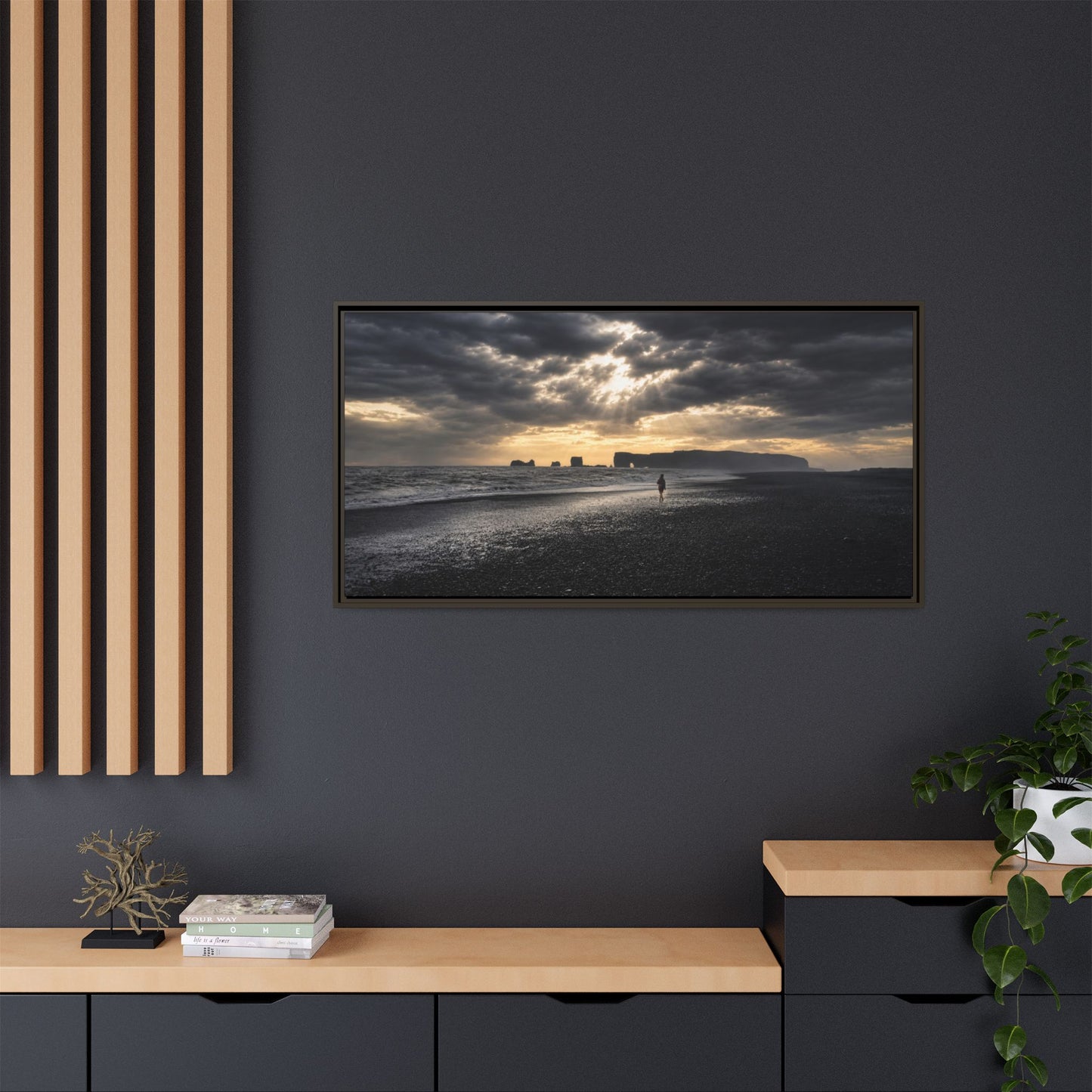 Stormy Iceland Black Sand Beach Wall Art, Panoramic Framed Canvas Print, Moody Nordic Coastal Decor