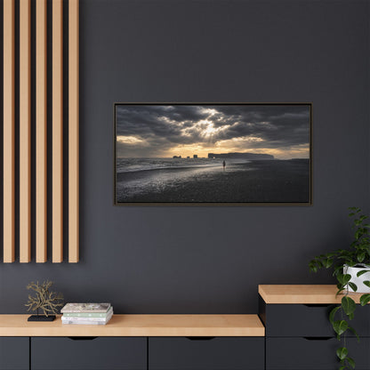 Stormy Iceland Black Sand Beach Wall Art, Panoramic Framed Canvas Print, Moody Nordic Coastal Decor
