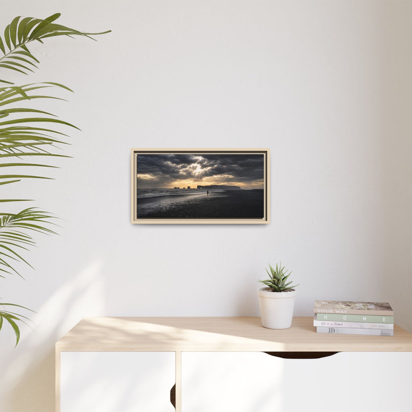 Stormy Iceland Black Sand Beach Wall Art, Panoramic Framed Canvas Print, Moody Nordic Coastal Decor