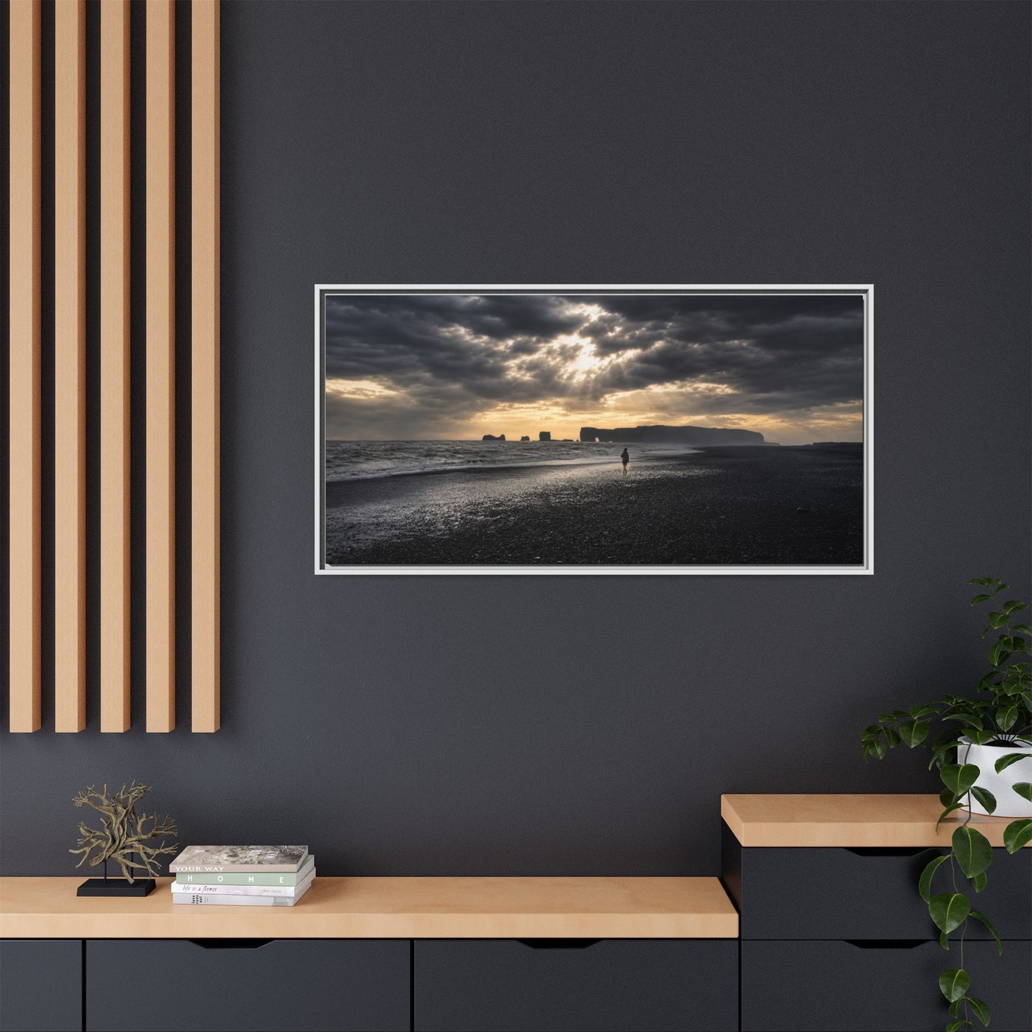 Stormy Iceland Black Sand Beach Wall Art, Panoramic Framed Canvas Print, Moody Nordic Coastal Decor