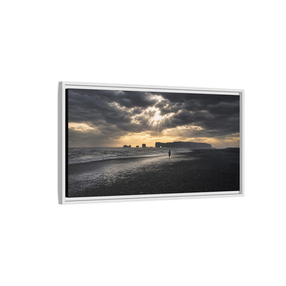 Stormy Iceland Black Sand Beach Wall Art, Panoramic Framed Canvas Print, Moody Nordic Coastal Decor