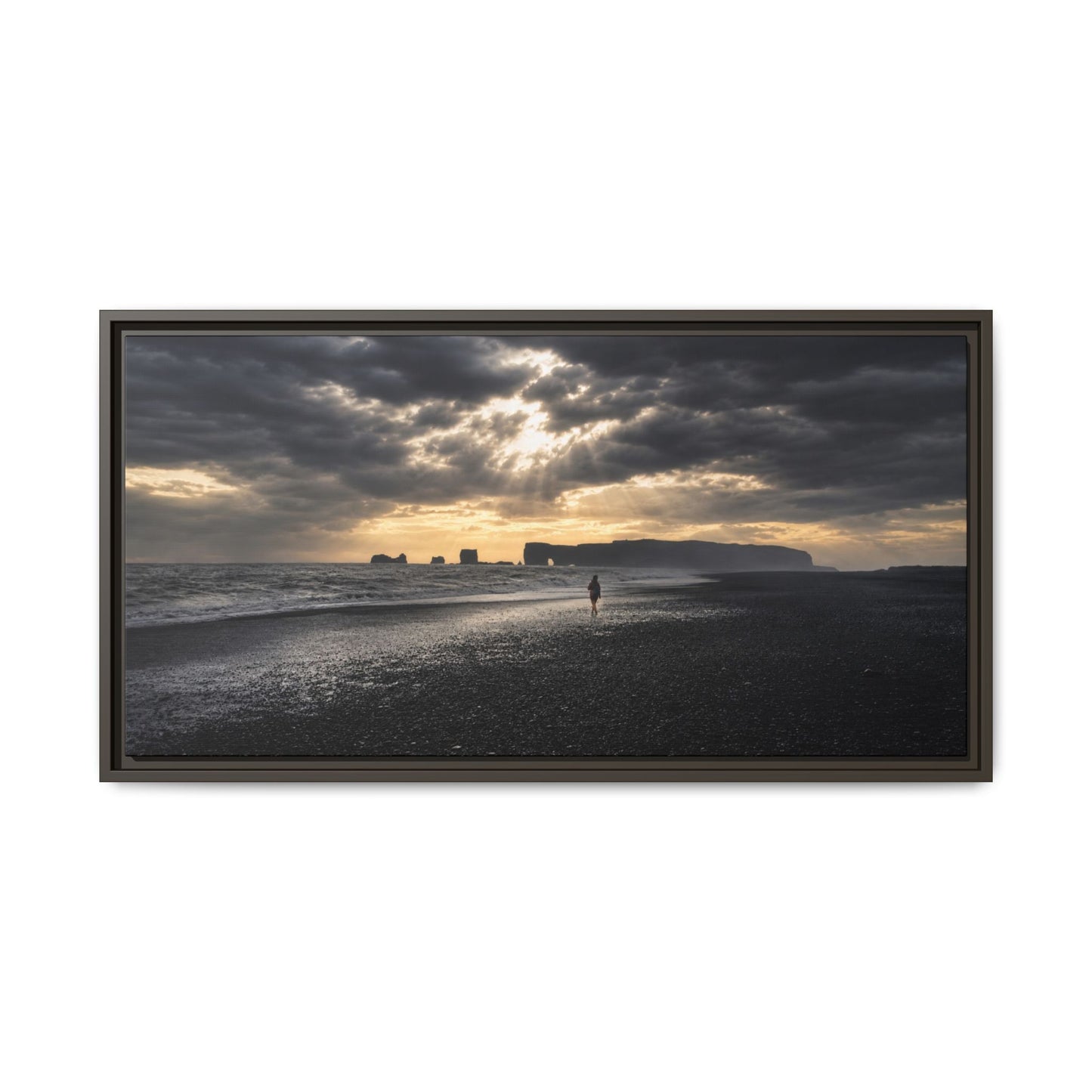 Stormy Iceland Black Sand Beach Wall Art, Panoramic Framed Canvas Print, Moody Nordic Coastal Decor