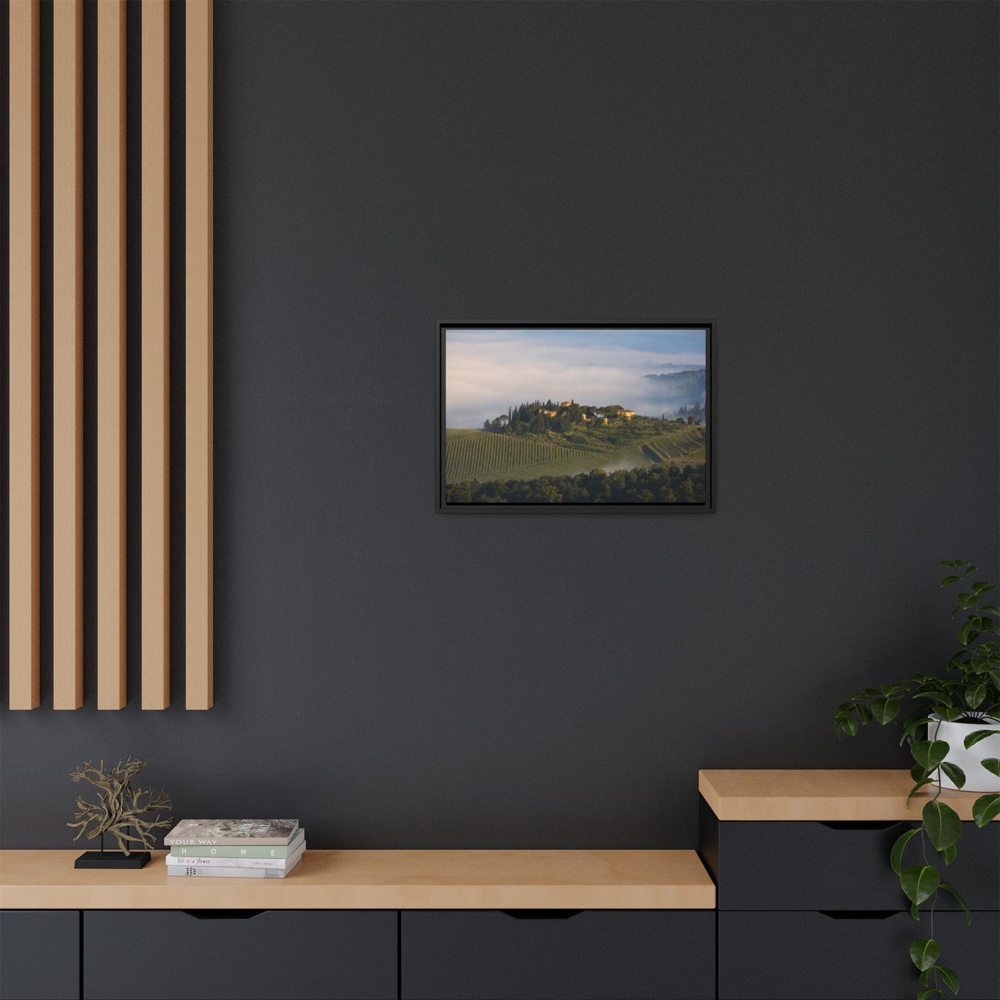 Tuscan Landscape Wall Art, Foggy Sunrise Tuscany Print, Framed Canvas Italy Vineyard Decor