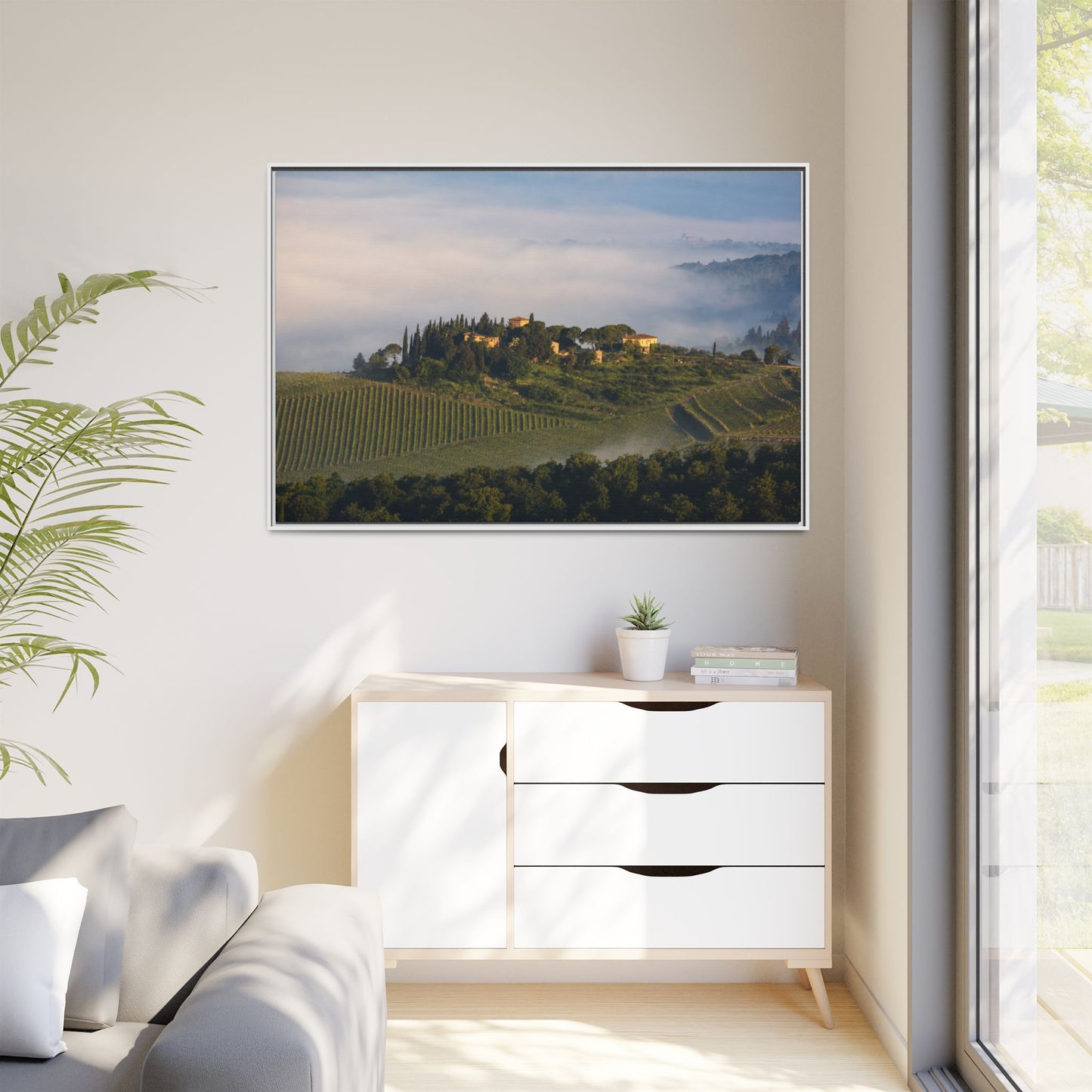 Tuscan Landscape Wall Art, Foggy Sunrise Tuscany Print, Framed Canvas Italy Vineyard Decor