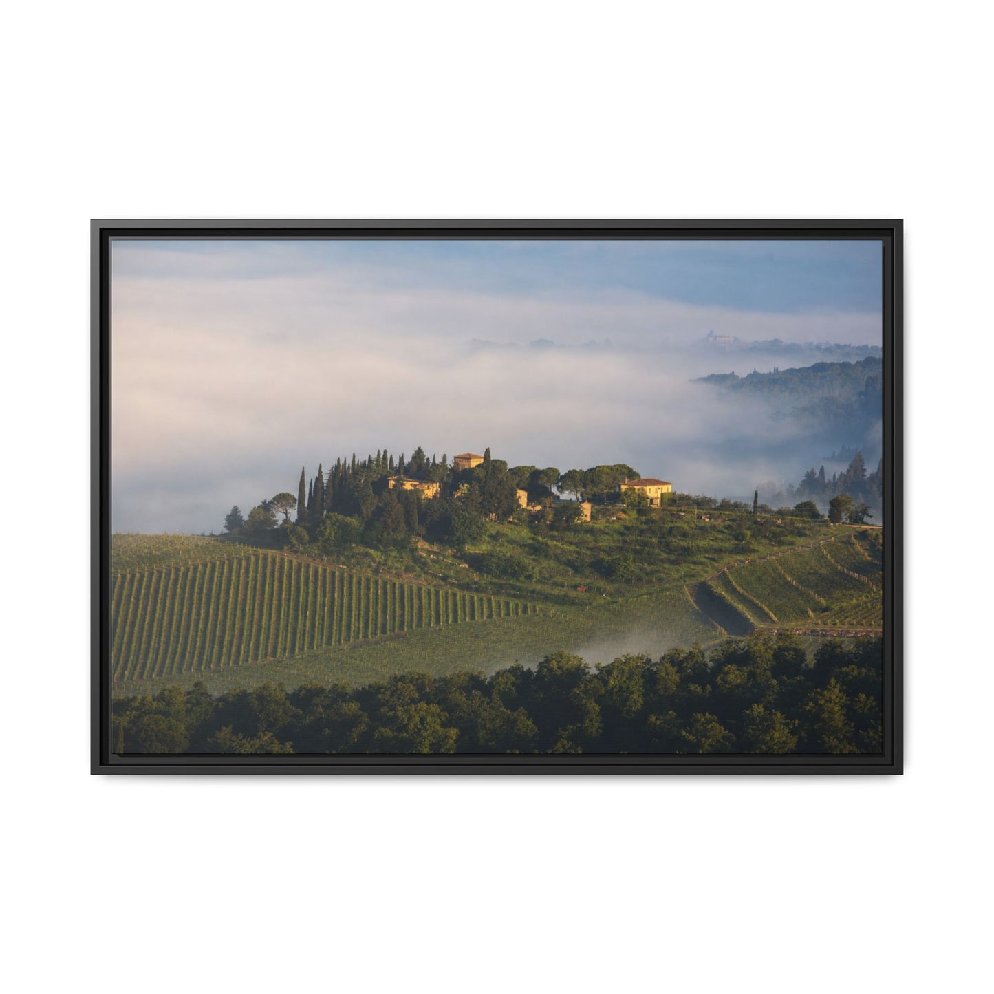 Tuscan Landscape Wall Art, Foggy Sunrise Tuscany Print, Framed Canvas Italy Vineyard Decor