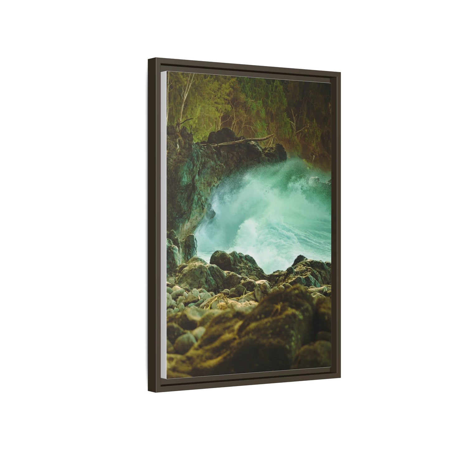 Hawaii Ocean Wall Art, Big Island Surf Photo, Lava Rock Coastal Print, Espresso Framed Canvas Decor