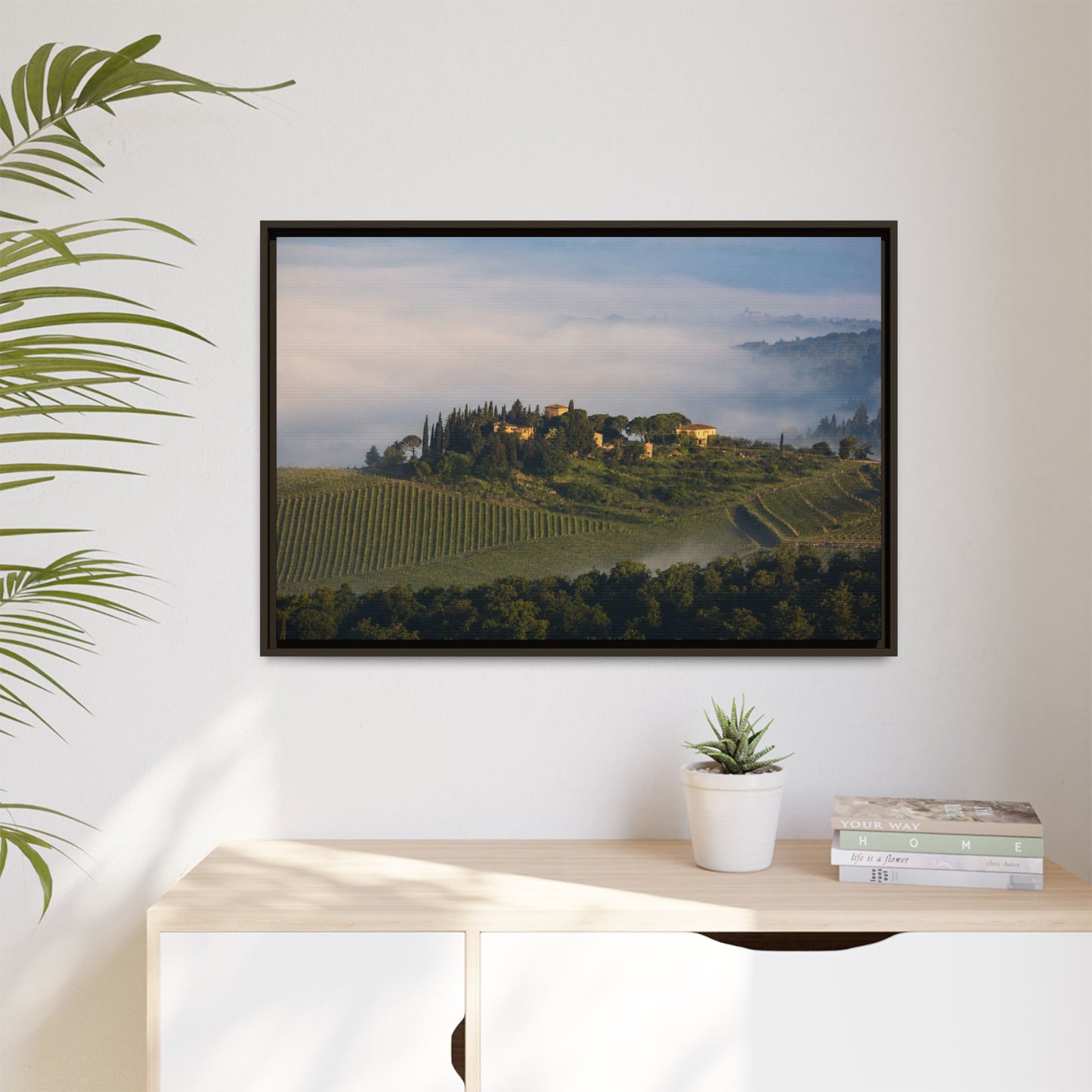 Tuscan Landscape Wall Art, Foggy Sunrise Tuscany Print, Framed Canvas Italy Vineyard Decor