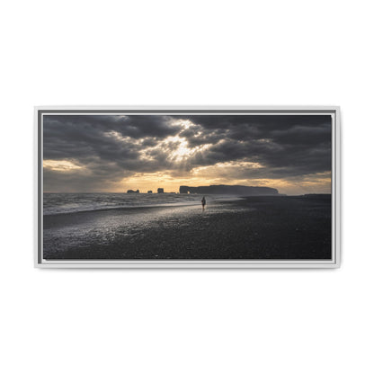 Stormy Iceland Black Sand Beach Wall Art, Panoramic Framed Canvas Print, Moody Nordic Coastal Decor