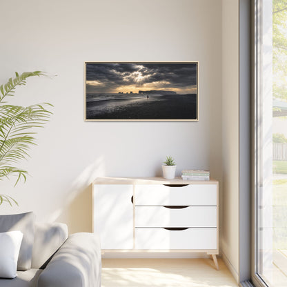 Stormy Iceland Black Sand Beach Wall Art, Panoramic Framed Canvas Print, Moody Nordic Coastal Decor