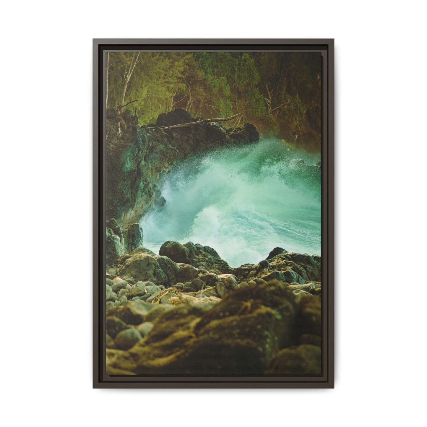 Hawaii Ocean Wall Art, Big Island Surf Photo, Lava Rock Coastal Print, Espresso Framed Canvas Decor