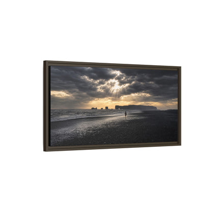 Stormy Iceland Black Sand Beach Wall Art, Panoramic Framed Canvas Print, Moody Nordic Coastal Decor