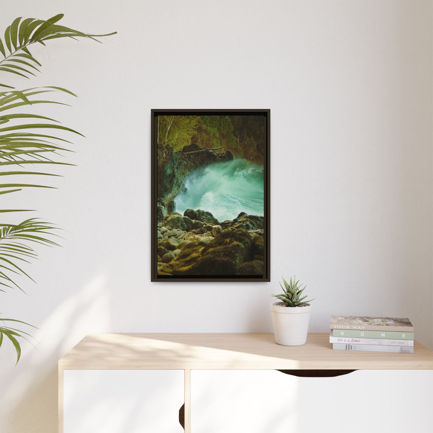 Hawaii Ocean Wall Art, Big Island Surf Photo, Lava Rock Coastal Print, Espresso Framed Canvas Decor
