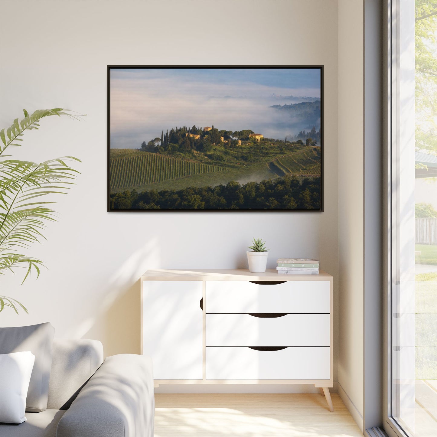 Tuscan Landscape Wall Art, Foggy Sunrise Tuscany Print, Framed Canvas Italy Vineyard Decor