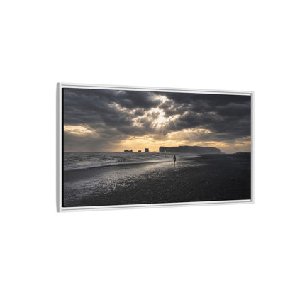 Stormy Iceland Black Sand Beach Wall Art, Panoramic Framed Canvas Print, Moody Nordic Coastal Decor