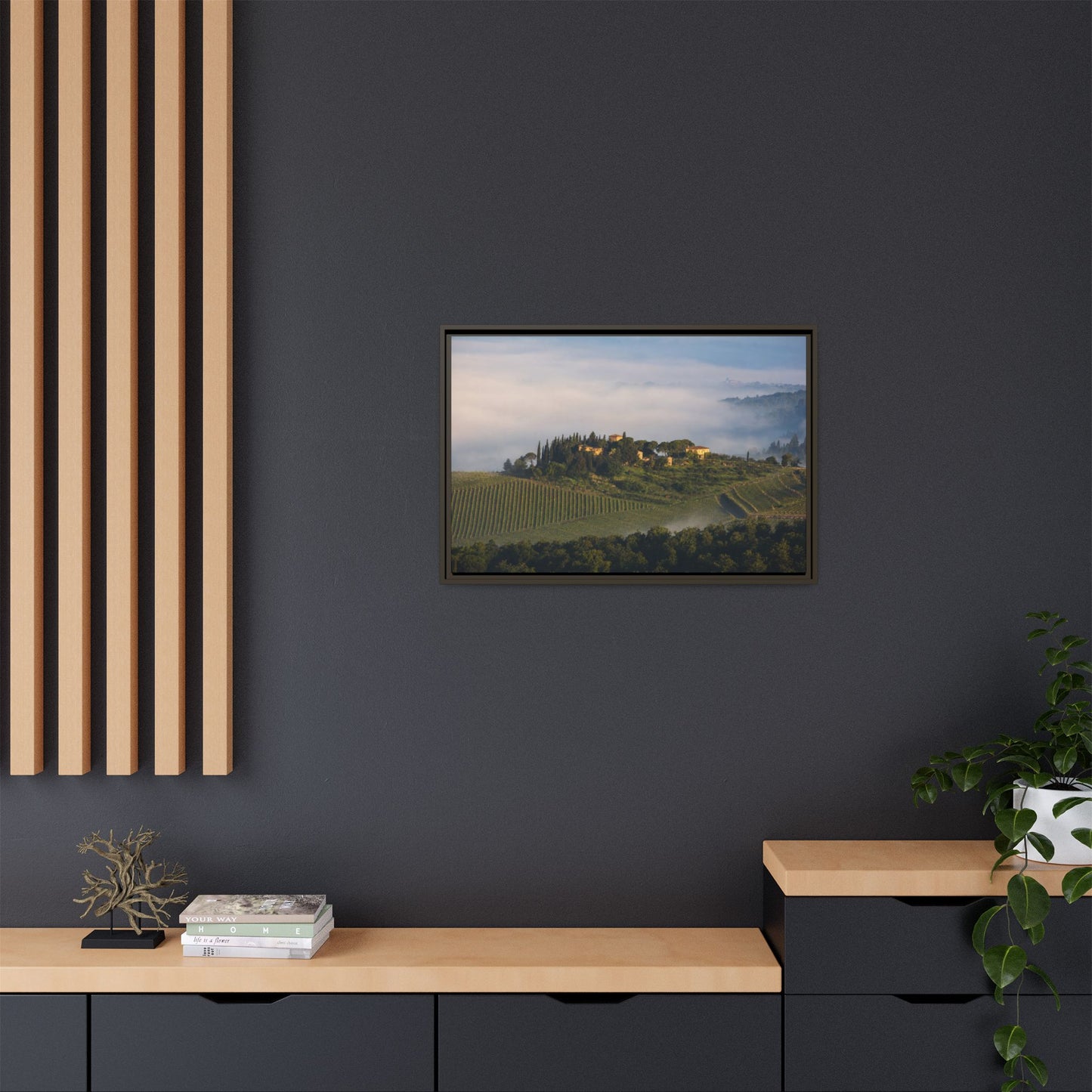 Tuscan Landscape Wall Art, Foggy Sunrise Tuscany Print, Framed Canvas Italy Vineyard Decor