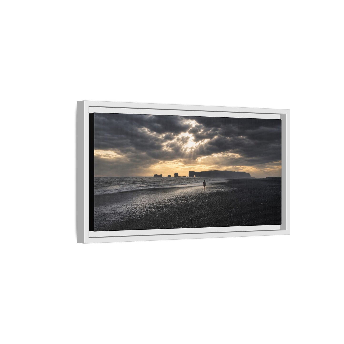 Stormy Iceland Black Sand Beach Wall Art, Panoramic Framed Canvas Print, Moody Nordic Coastal Decor
