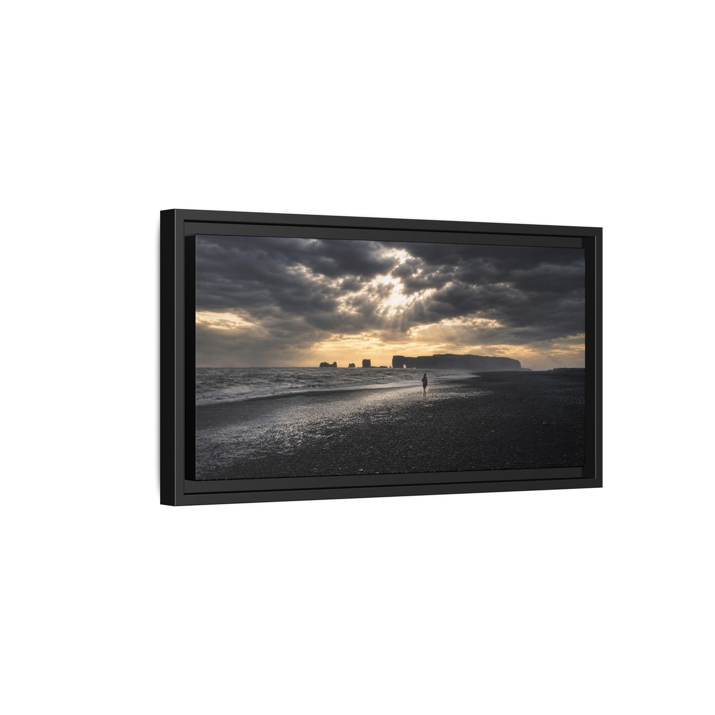 Stormy Iceland Black Sand Beach Wall Art, Panoramic Framed Canvas Print, Moody Nordic Coastal Decor