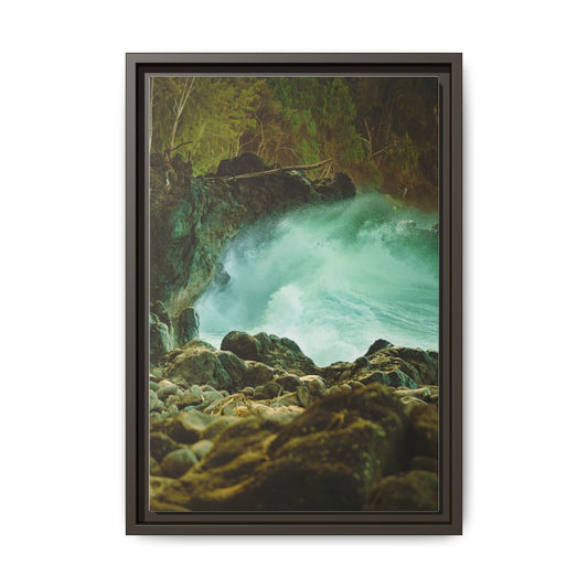 Hawaii Ocean Wall Art, Big Island Surf Photo, Lava Rock Coastal Print, Espresso Framed Canvas Decor