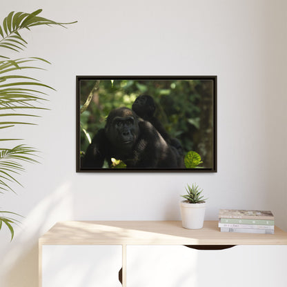 Gorilla Mother and Baby Wall Art, Gabon Wildlife Photo, African Forest Espresso Framed Canvas Print