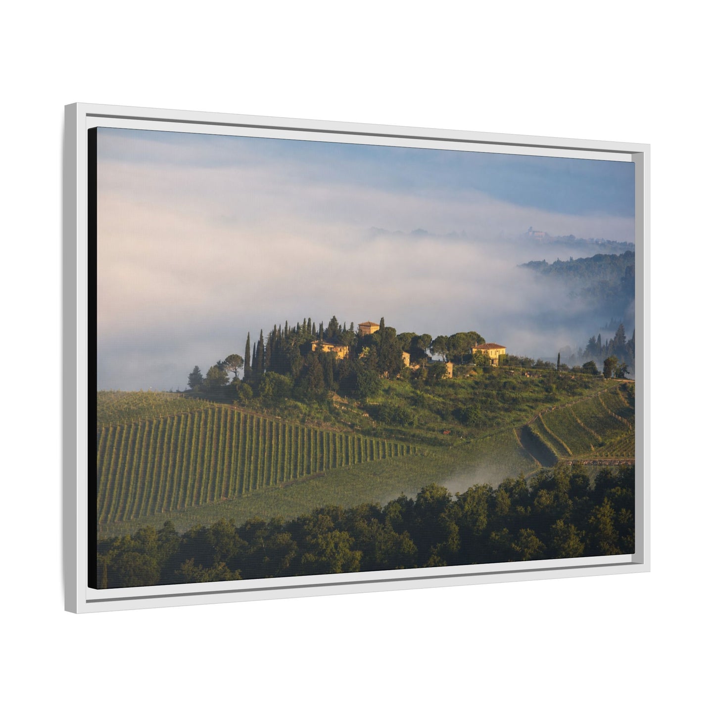 Tuscan Landscape Wall Art, Foggy Sunrise Tuscany Print, Framed Canvas Italy Vineyard Decor